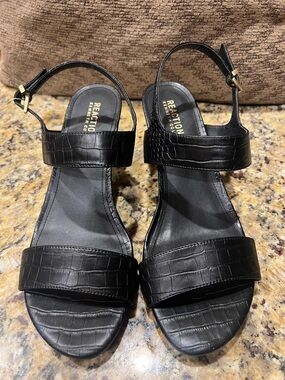 Reaction Kenneth Cole Black Croc-Embossed Ankle-Strap Sandals